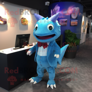 Blue Axolotls mascot costume character dressed with a Suit and Shawl pins