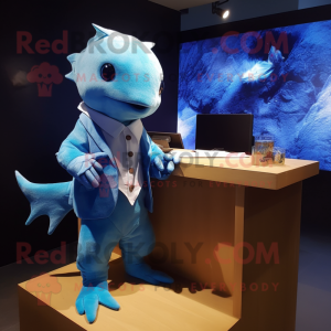 Blue Axolotls mascot costume character dressed with a Suit and Shawl pins
