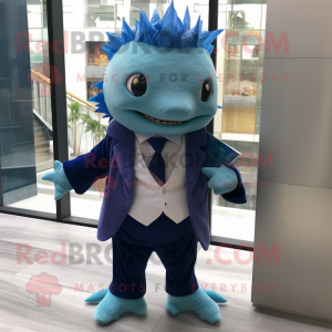 Blue Axolotls mascot costume character dressed with a Suit and Shawl pins