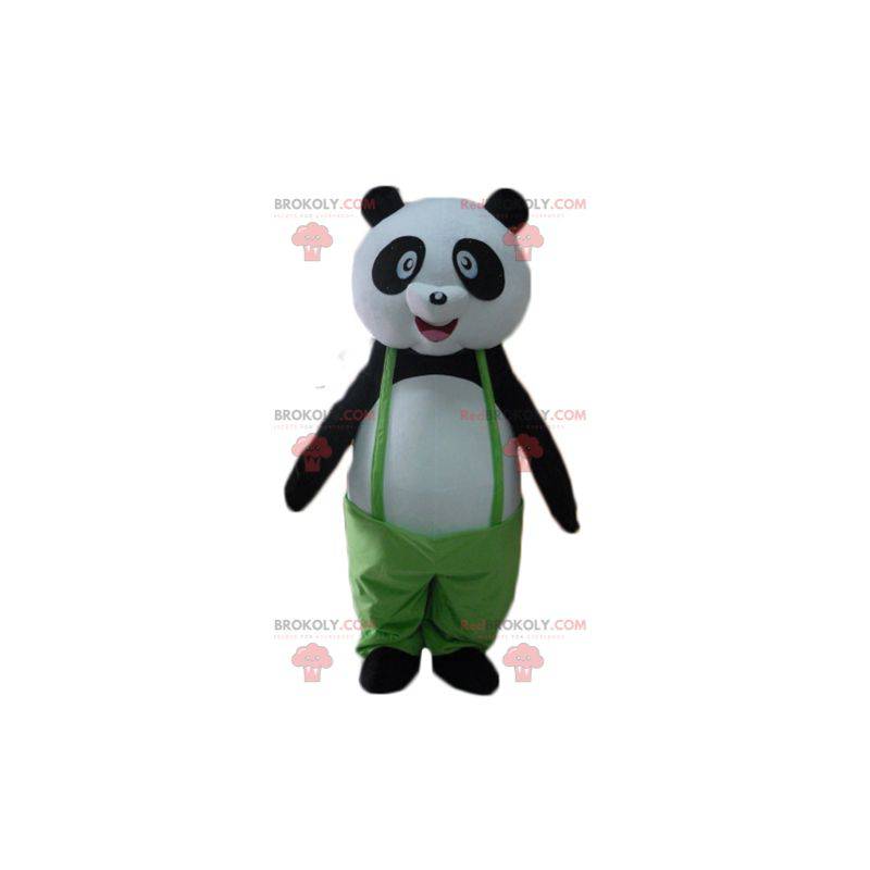 Black and white panda mascot with green overalls -