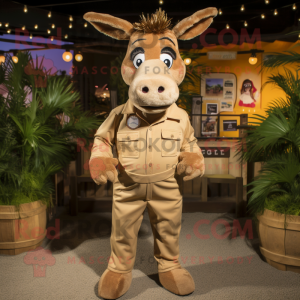 Tan Donkey mascot costume character dressed with a Playsuit and Lapel pins