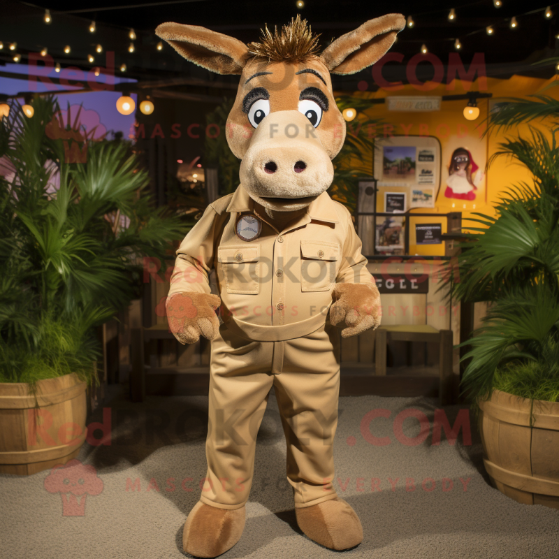 Tan Donkey mascot costume character dressed with a Playsuit and Lapel pins Tan Donkey mascot costume character dressed with a Playsuit and Lapel pins