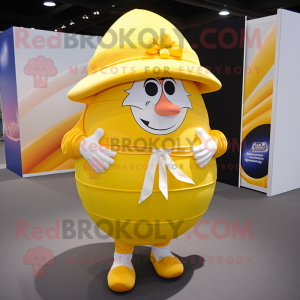 Yellow Rugby Ball mascot costume character dressed with a Wrap Skirt and Hats