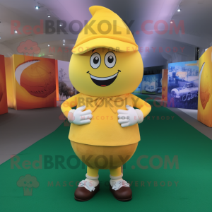 Yellow Rugby Ball mascot costume character dressed with a Wrap Skirt and Hats