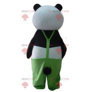 Black and white panda mascot with green overalls -