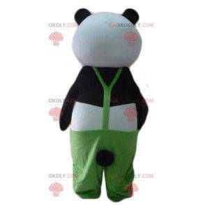 Black and white panda mascot with green overalls -