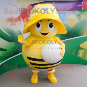 Yellow Rugby Ball mascot costume character dressed with a Wrap Skirt and Hats