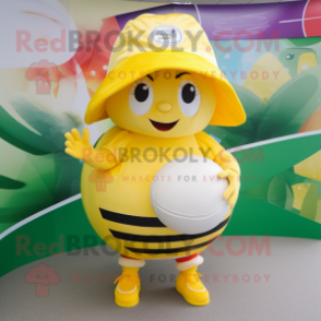Yellow Rugby Ball mascot costume character dressed with a Wrap Skirt and Hats