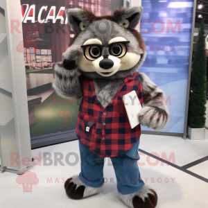 nan Raccoon mascot costume character dressed with a Flannel Shirt and Reading glasses