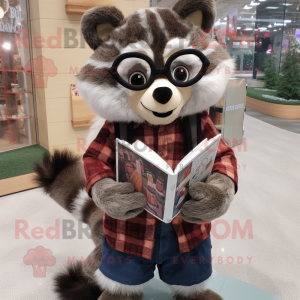 nan Raccoon mascot costume character dressed with a Flannel Shirt and Reading glasses
