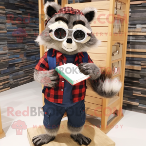 nan Raccoon mascot costume character dressed with a Flannel Shirt and Reading glasses