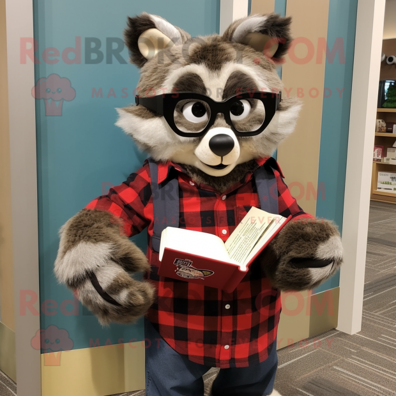 nan Raccoon mascot costume character dressed with a Flannel Shirt and Reading glasses