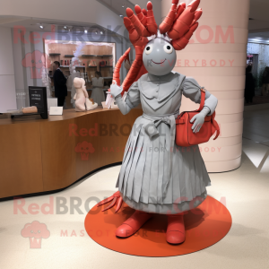 Silver Lobster Bisque mascot costume character dressed with a Pleated Skirt and Handbags
