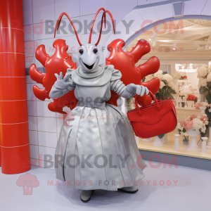 Silver Lobster Bisque mascot costume character dressed with a Pleated Skirt and Handbags