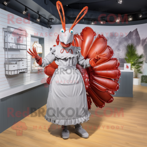 Silver Lobster Bisque mascot costume character dressed with a Pleated Skirt and Handbags