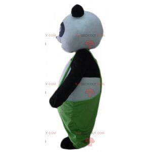 Black and white panda mascot with green overalls -