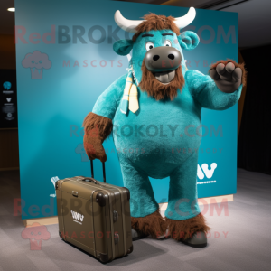 Teal Yak mascot costume character dressed with a Henley Tee and Briefcases
