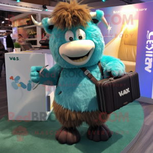 Teal Yak mascot costume character dressed with a Henley Tee and Briefcases