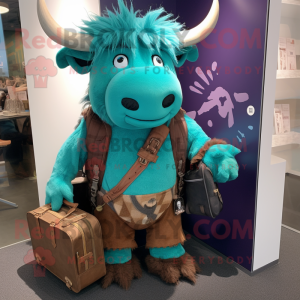 Teal Yak mascot costume character dressed with a Henley Tee and Briefcases