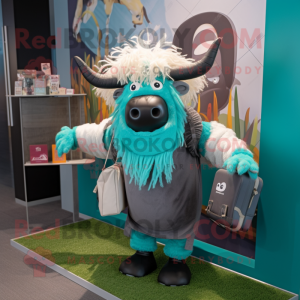 Teal Yak mascot costume character dressed with a Henley Tee and Briefcases