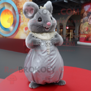 Gray Chinchilla mascot costume character dressed with a Ball Gown and Lapel pins