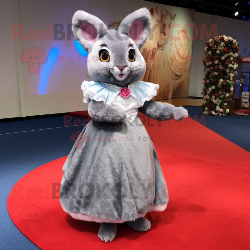 Gray Chinchilla mascot costume character dressed with a Ball Gown and Lapel pins