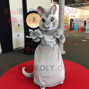Gray Chinchilla mascot costume character dressed with a Ball Gown and Lapel pins