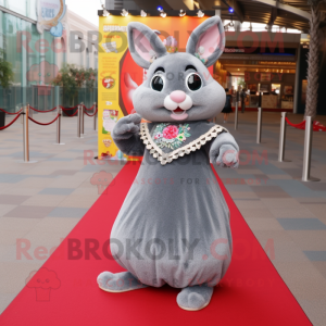 Gray Chinchilla mascot costume character dressed with a Ball Gown and Lapel pins