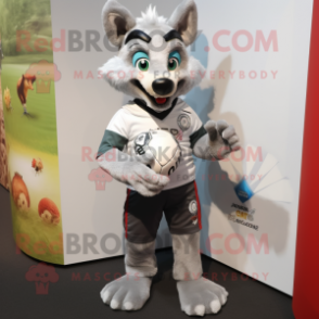 Silver Dingo mascot costume character dressed with a Rugby Shirt and Wallets