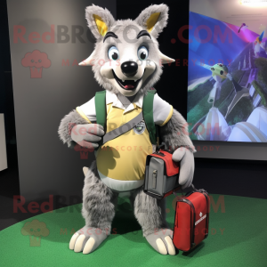 Silver Dingo mascot costume character dressed with a Rugby Shirt and Wallets