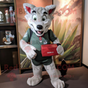 Silver Dingo mascot costume character dressed with a Rugby Shirt and Wallets