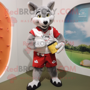 Silver Dingo mascot costume character dressed with a Rugby Shirt and Wallets