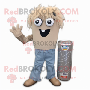 Beige Soda Can mascot costume character dressed with a Jeans and Hair clips