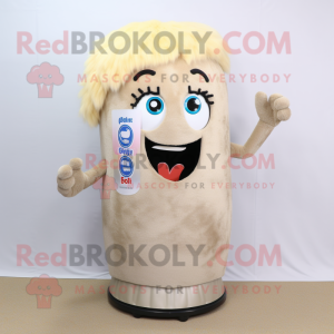 Beige Soda Can mascot costume character dressed with a Jeans and Hair clips