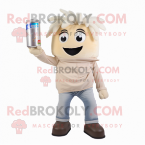 Beige Soda Can mascot costume character dressed with a Jeans and Hair clips