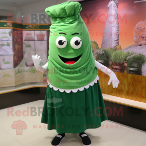 Forest Green Lasagna mascot costume character dressed with a Skirt and Shawl pins