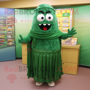 Forest Green Lasagna mascot costume character dressed with a Skirt and Shawl pins