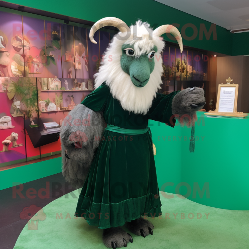 Forest Green Angora Goat mascot costume character dressed with a Evening Gown and Wallets Forest Green Angora Goat mascot costume character dressed with a Evening Gown and Wallets
