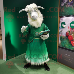 Forest Green Angora Goat mascot costume character dressed with a Evening Gown and Wallets