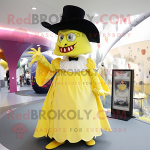 Lemon Yellow Vampire mascot costume character dressed with a Dress and Hats