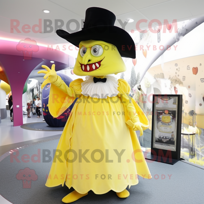 Lemon Yellow Vampire mascot costume character dressed with a Dress and Hats