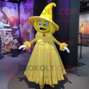 Lemon Yellow Vampire mascot costume character dressed with a Dress and Hats