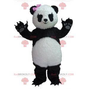 Mascote panda preto e branco com um laço rosa - Redbrokoly.com