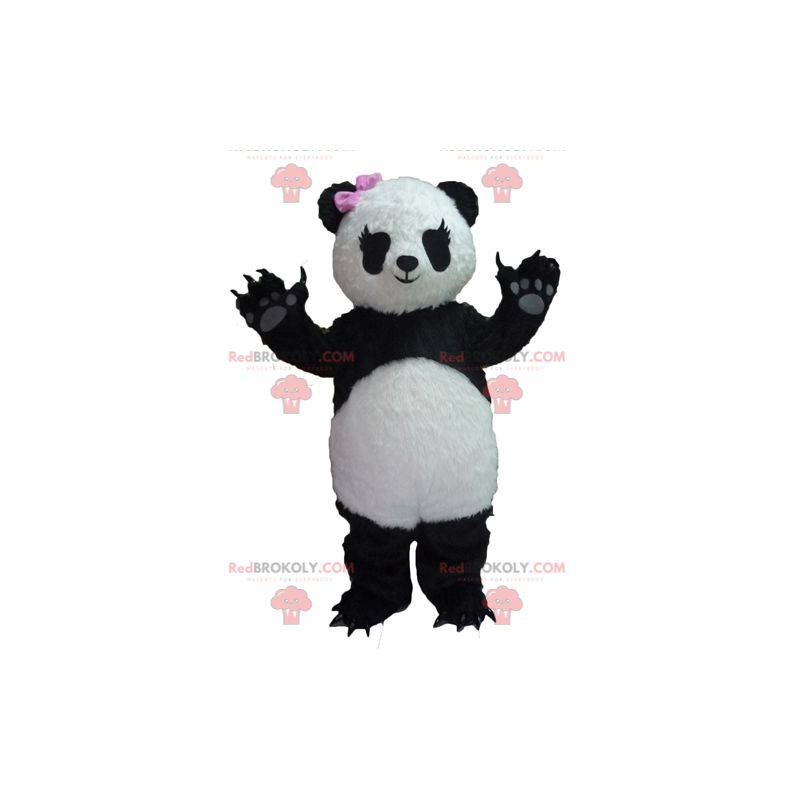 Sort og hvid panda maskot med en lyserød sløjfe - Redbrokoly.com