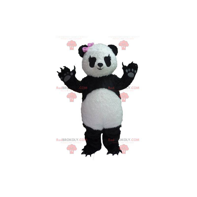 Svart og hvit panda maskot med rosa sløyfe - Redbrokoly.com