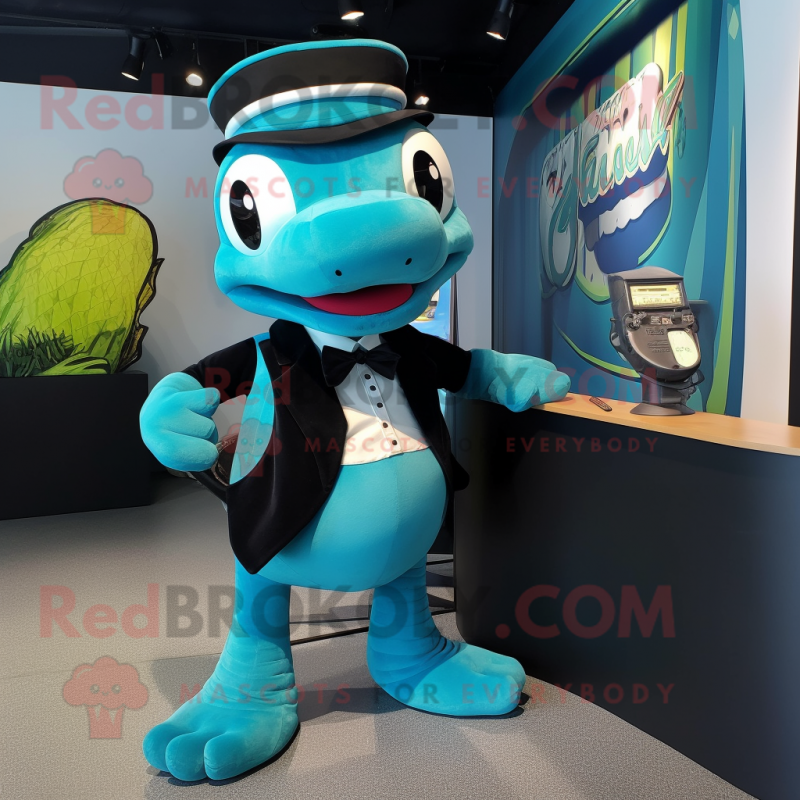 Cyan Anaconda mascot costume character dressed with a Tuxedo and Keychains