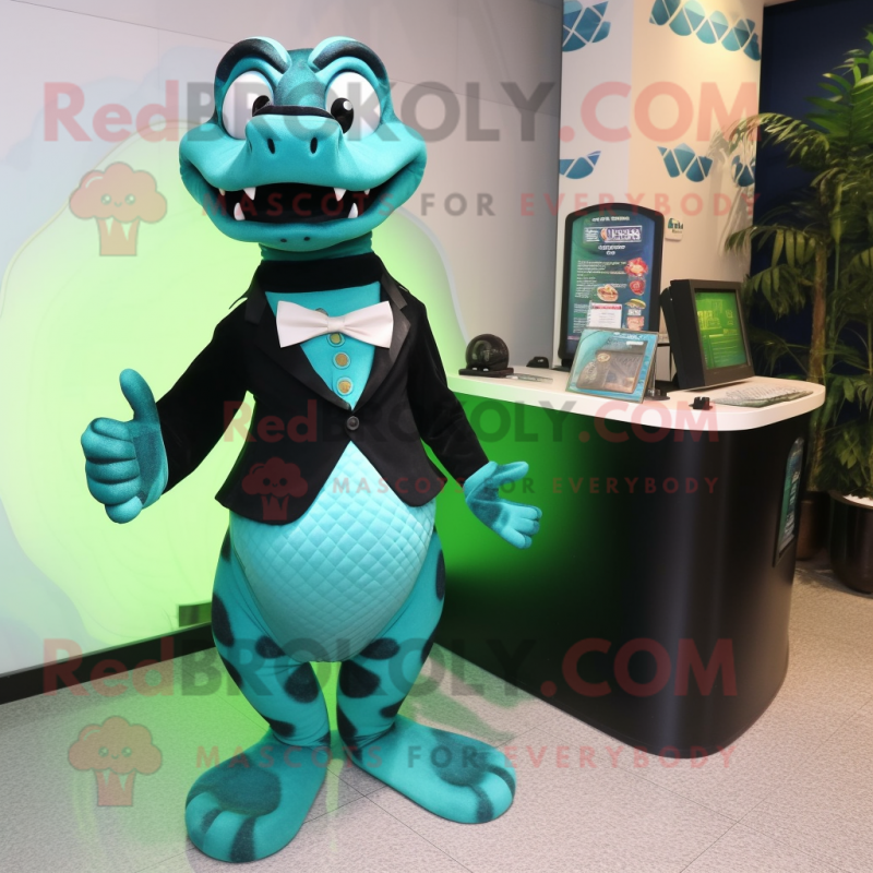 Cyan Anaconda mascot costume character dressed with a Tuxedo and Keychains Cyan Anaconda mascot costume character dressed with a Tuxedo and Keychains