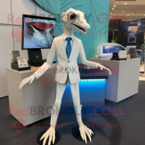 White Dimorphodon mascot costume character dressed with a Blazer and Hair clips