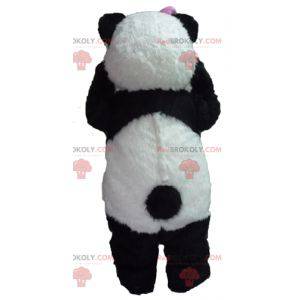 Svart og hvit panda maskot med rosa sløyfe - Redbrokoly.com