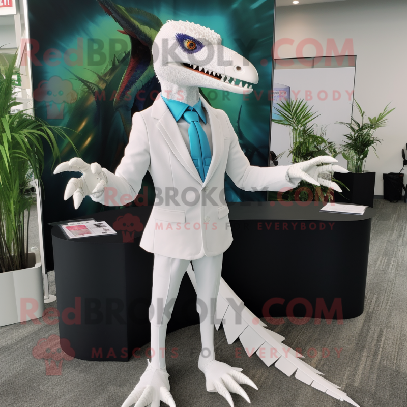 White Dimorphodon mascot costume character dressed with a Blazer and Hair clips